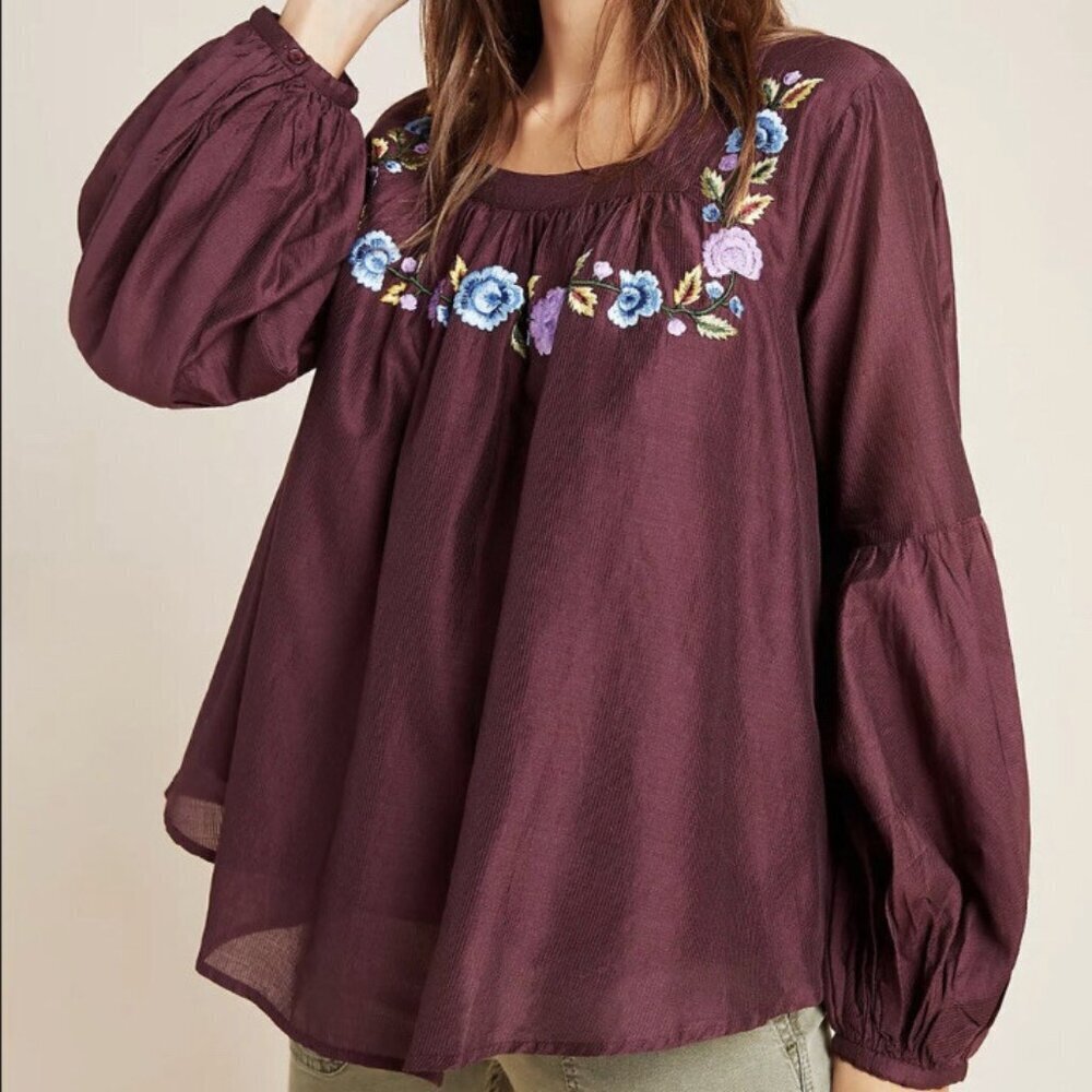 ANTHROPOLOGIE Samant Chauhan Women's Embroidered Swing Blouse Size Xs Burgundy